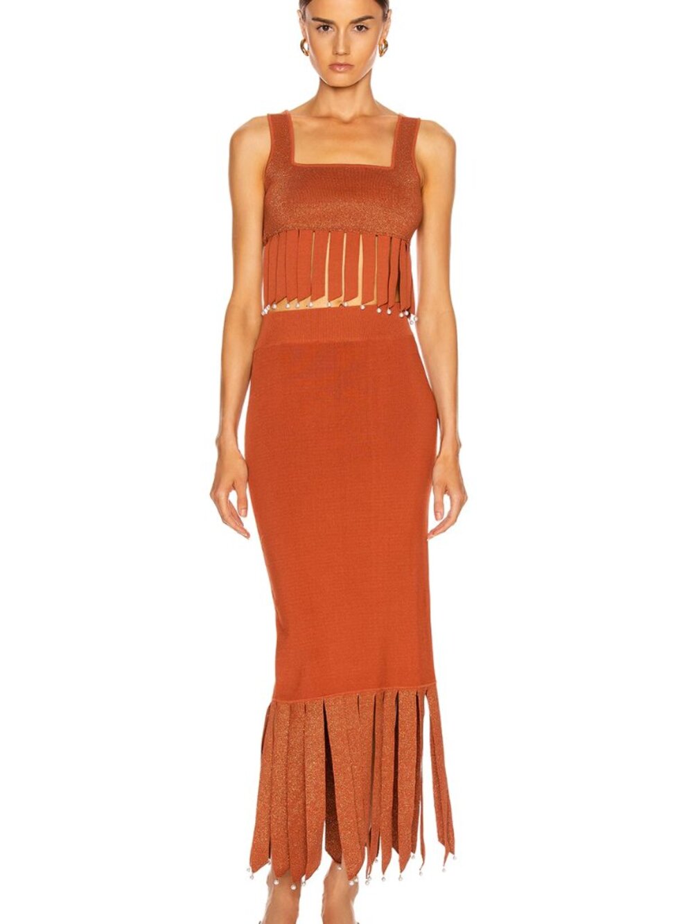 STAUD Rust Orange Fringe Knit Midi Skirt Size M